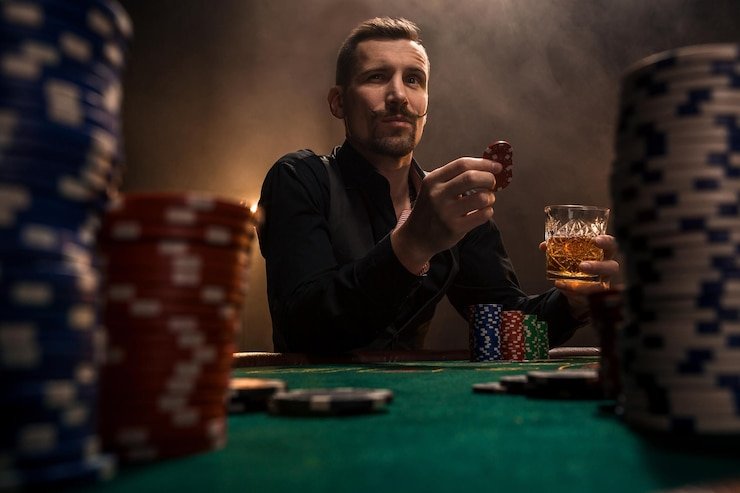 Close-up view of Free Bet Blackjack chips and card deal showing split and double options highlighted